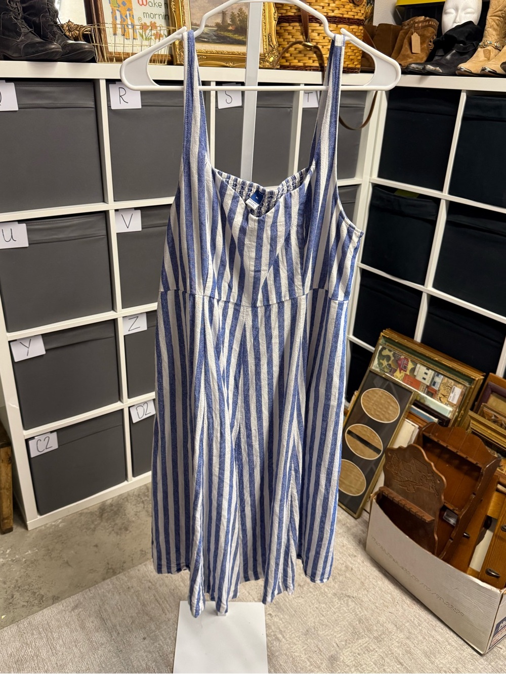 Old Navy Smocked Linen Blend Blue and White Striped Sundress